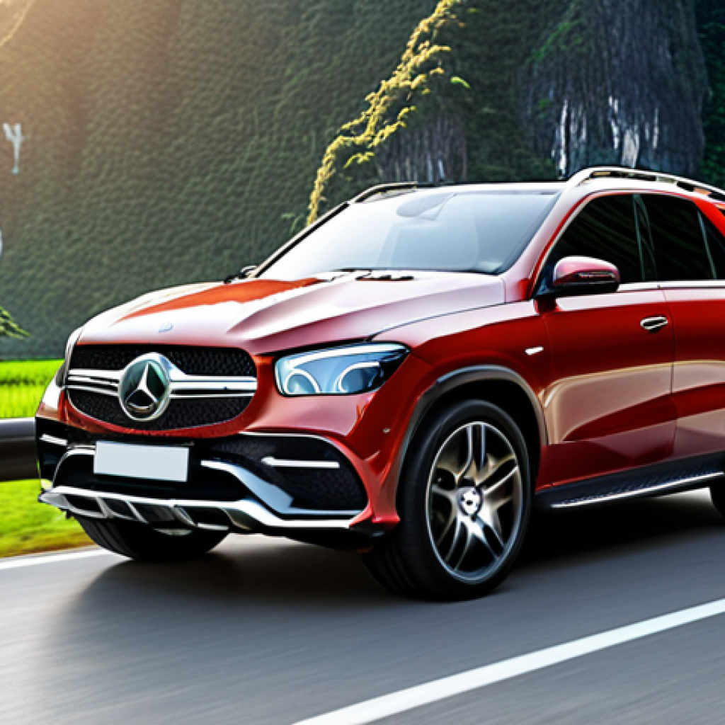 **Prompt:** Sleek and modern Mercedes-Benz GLE SUV, showcasing its elegant exterior design with a prominent grille, Multibeam LED headlights, on a scenic Thai road.