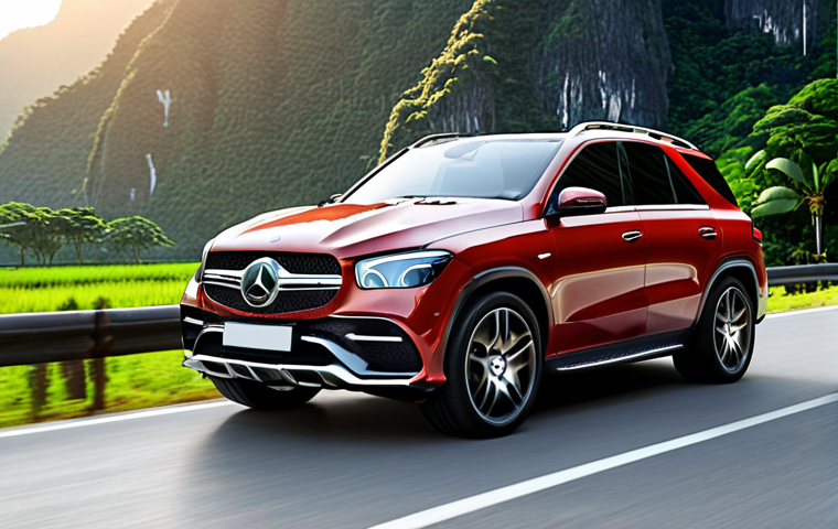 **Prompt:** Sleek and modern Mercedes-Benz GLE SUV, showcasing its elegant exterior design with a prominent grille, Multibeam LED headlights, on a scenic Thai road.