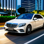 A professional man, fully clothed in a modest business suit, driving a sleek, modern Mercedes-Benz S-Class Plug-in Hybrid through a well-organized, upscale urban street. The city lights of Bangkok glow softly in the background, implying a calm, efficient journey through a bustling metropolis. The car's exterior design is highlighted with subtle reflections. The scene is captured with high-quality professional photography, ensuring perfect anatomy, correct proportions, natural pose, well-formed hands, proper finger count, and natural body proportions. The image is professional, safe for work, appropriate content, and depicts subjects fully clothed in appropriate attire.