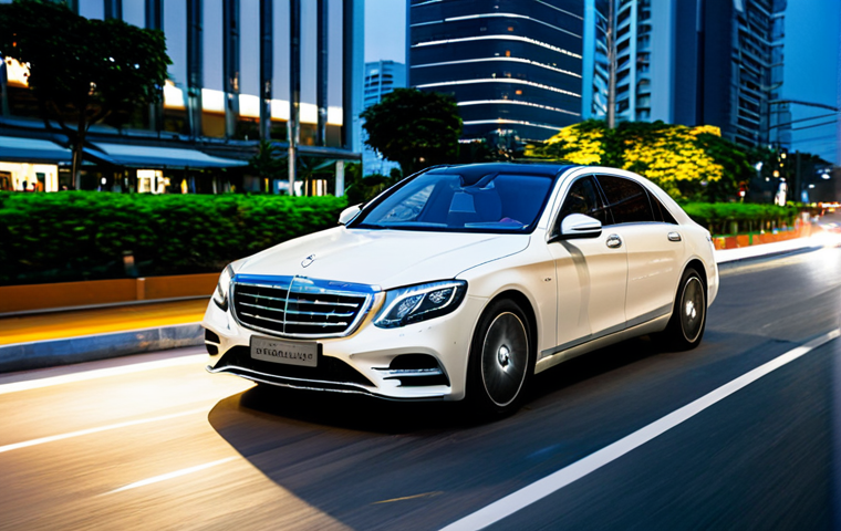 A professional man, fully clothed in a modest business suit, driving a sleek, modern Mercedes-Benz S-Class Plug-in Hybrid through a well-organized, upscale urban street. The city lights of Bangkok glow softly in the background, implying a calm, efficient journey through a bustling metropolis. The car's exterior design is highlighted with subtle reflections. The scene is captured with high-quality professional photography, ensuring perfect anatomy, correct proportions, natural pose, well-formed hands, proper finger count, and natural body proportions. The image is professional, safe for work, appropriate content, and depicts subjects fully clothed in appropriate attire.